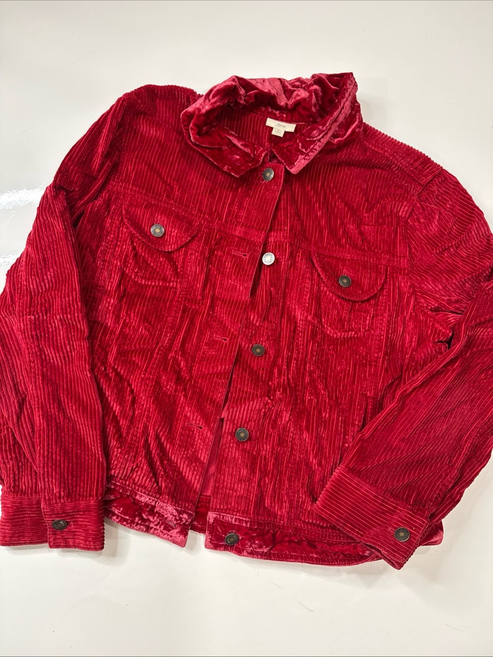VTG J Jill Corduroy Jacket L Red Velvet Trim Wide Wale Bomber Country Barn A0308